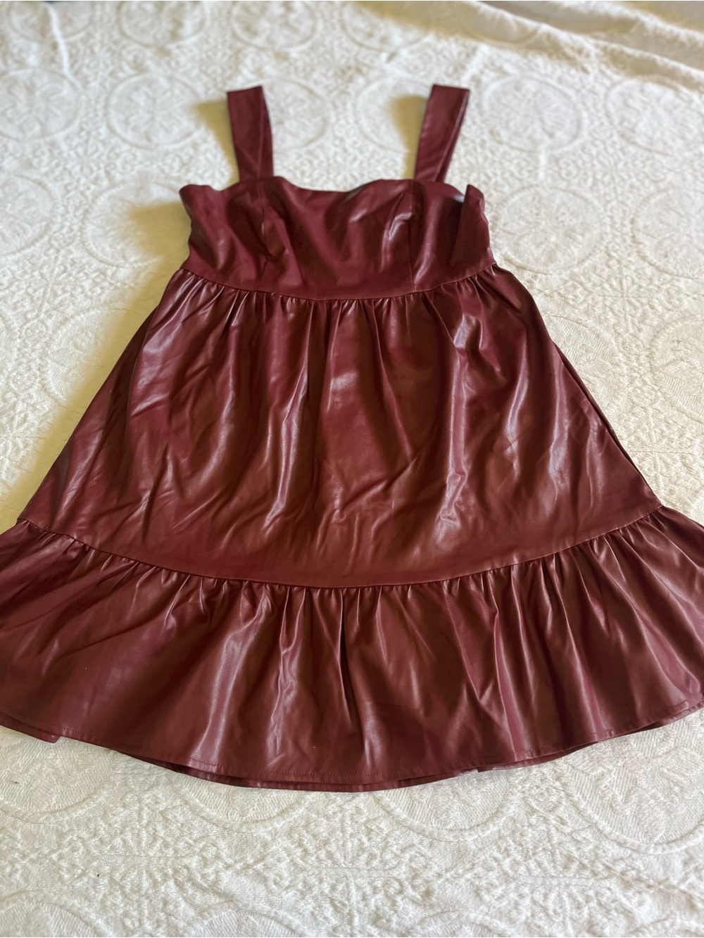 Burgundy/ garnet vegan leather Tiered Dress